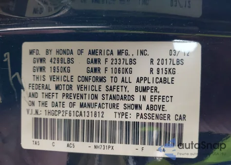 2012 Honda Accord 2.4 Se from USA, damaged, VIN 1HGCP2F61CA131812